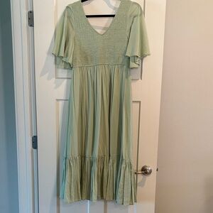Women's Sage Green Midi Dress with Flutter Sleeves